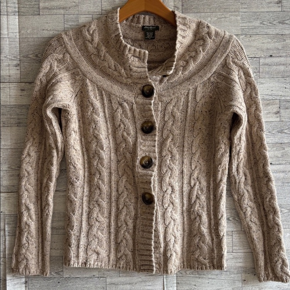 Eddie Bauer Beige Cable Knit fisherman Sweater Cardigan EUC